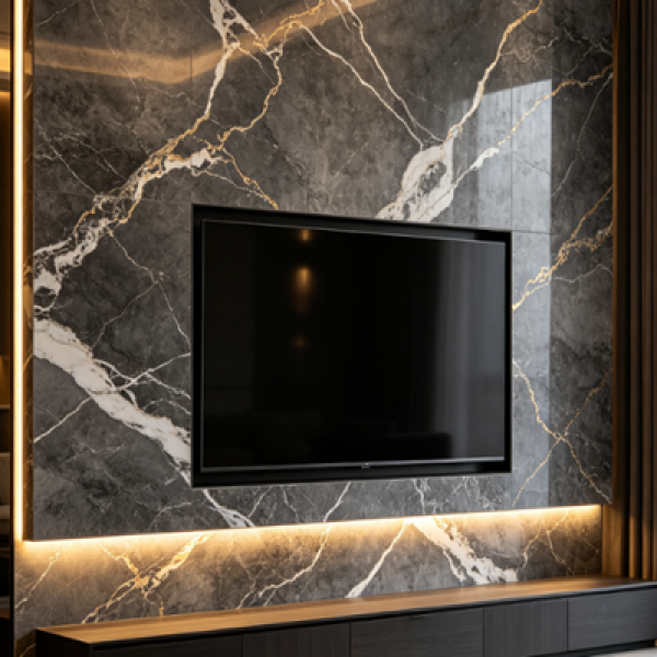 Dark Marble TV Panel with Golden Veins